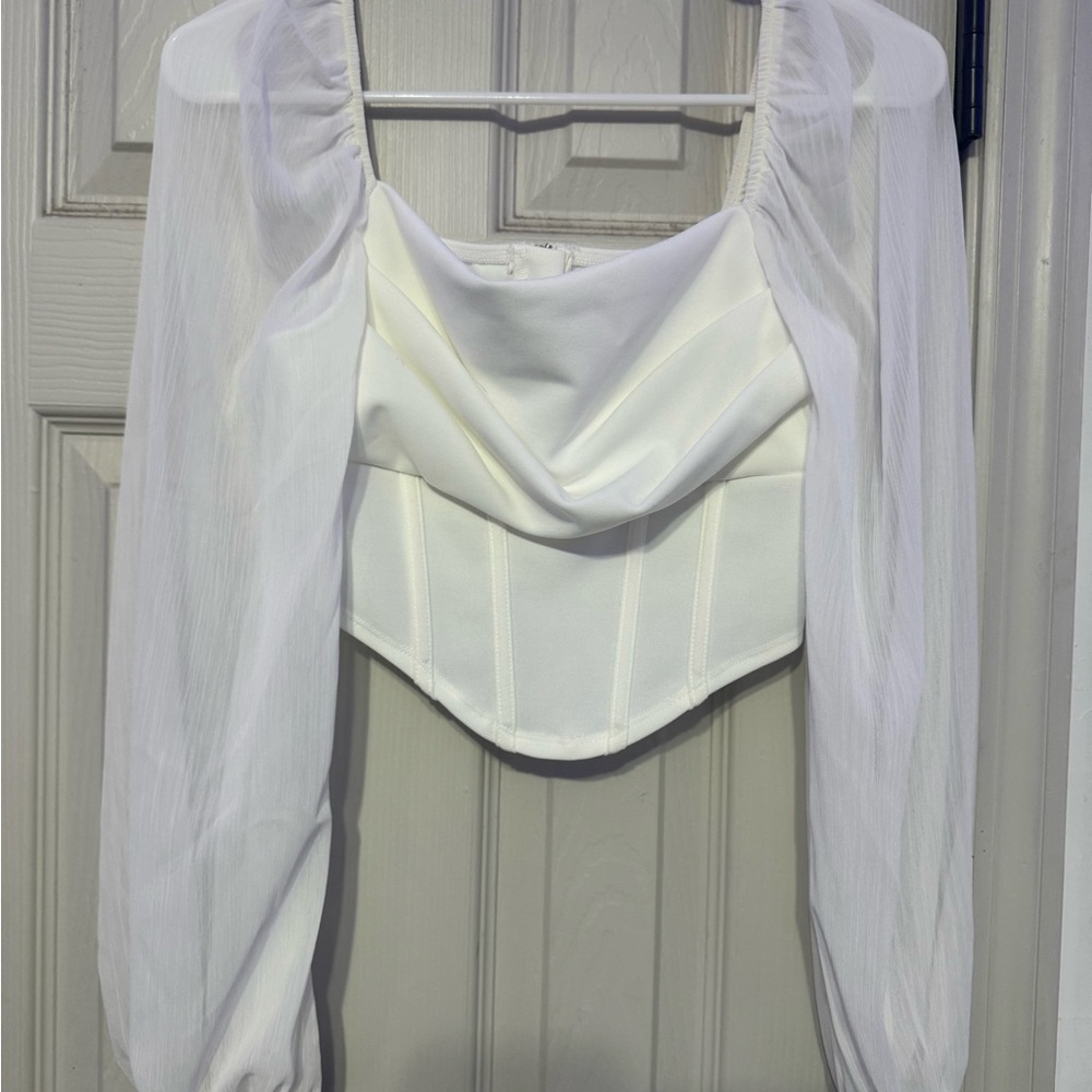 White Draped Corset Top with Sheer Long Sleeves